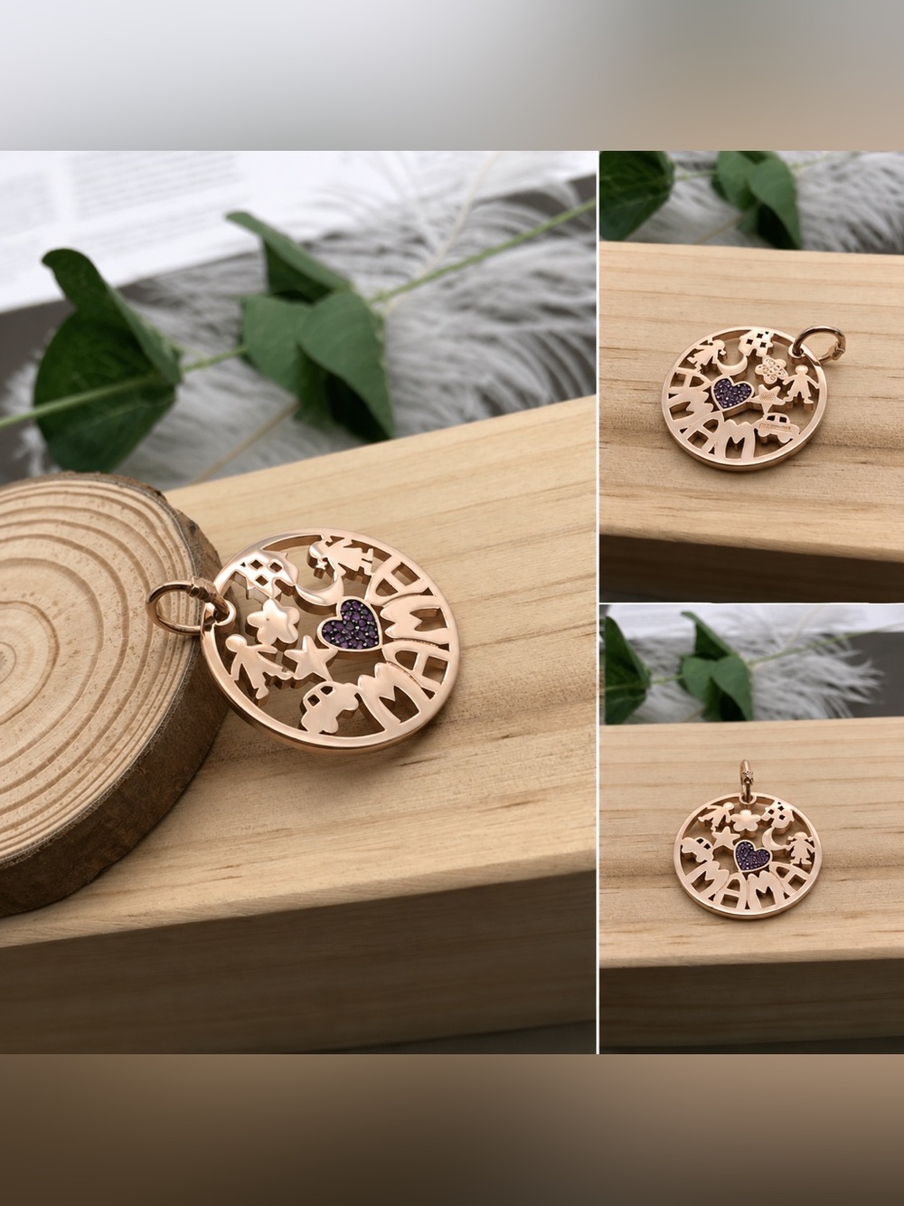 Mama Rose Gold rose Pendant with Purple Gemstone 925